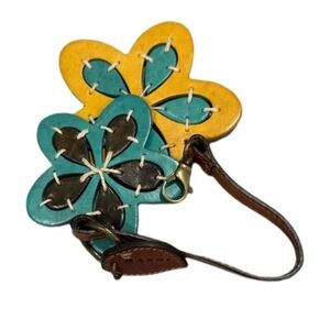 Marni Floral in Leather Teal & Yellow with long leather strap & hook & keyring